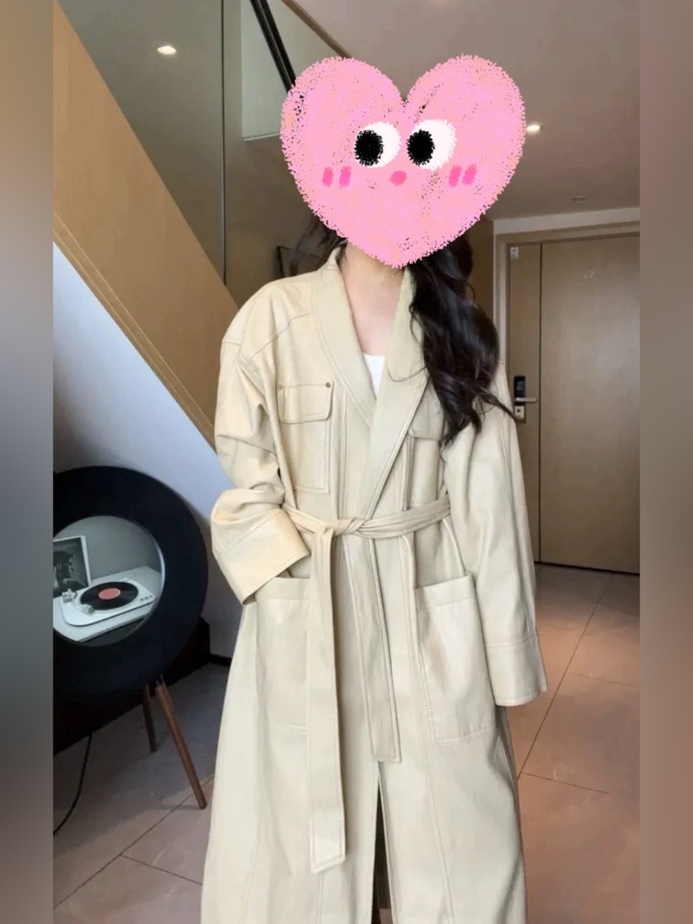 Women's Beige Long Belted leather Coat